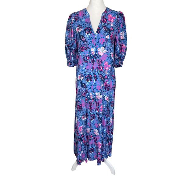 Lilly Pulitzer Dresses & Skirts - Lilly Pulitzer Blue Pink Floral Bird V-Neck Puff Sleeve Midi Dress Size 6
